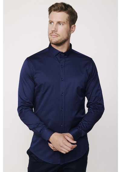 Tudors Slim Fit Likralı Düz Pamuk Saten Erkek Lacivert Gömlek-27442-lacivert Lacivert
