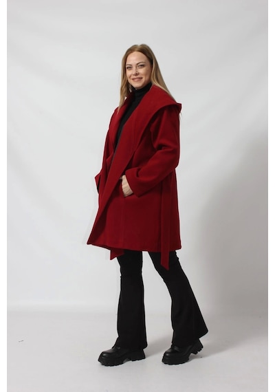 Moda Berray Kuşaklı Yandan Bağlama Detaylı Kapüşonlu Kaşe Kaban Bordo
