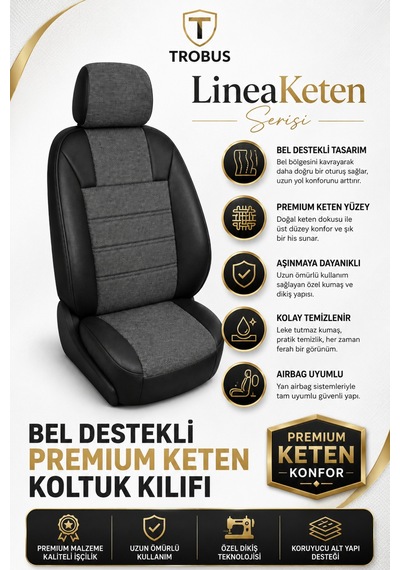 Dacia Sandero 2008+ Uyumlu Lineaketen Serisi Ortopedik Füme Siyah Koltuk Kılıfı 35856643