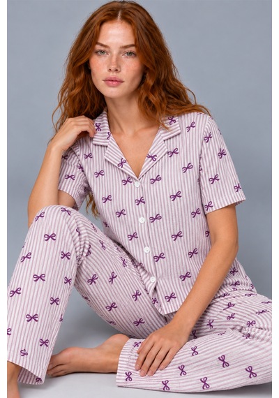 Kadın Çizgili Fiyonk Desenli Mor Kısa Kollu Pijama Takımı 4811
