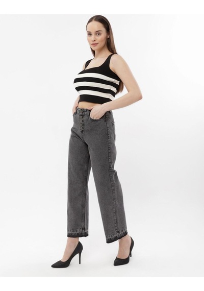 Kene Jeans Kadın Füme 5 Düğme Detaylı/ Paça Söküm Bol Paça Kot Pantolon Siyah