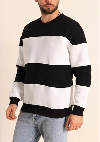 Parçalı Bisiklet Yaka Baskılı Sweatshirt - Siyah - Siyah