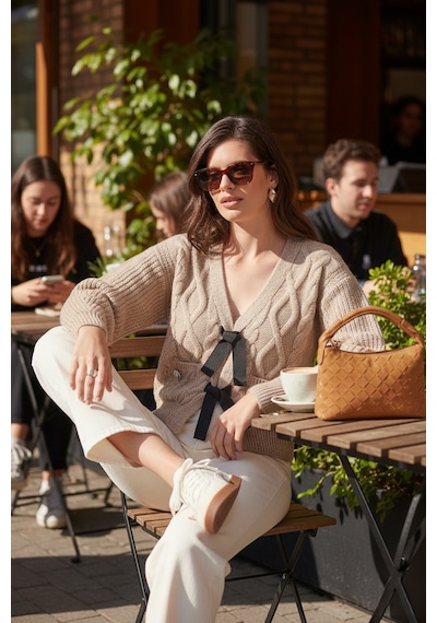 Lela Premium Regular Fit V Yaka Fiyonk Bağlama Detaylı Örgü Desenli Triko Bayan Hırka 680Kz1947 Bej