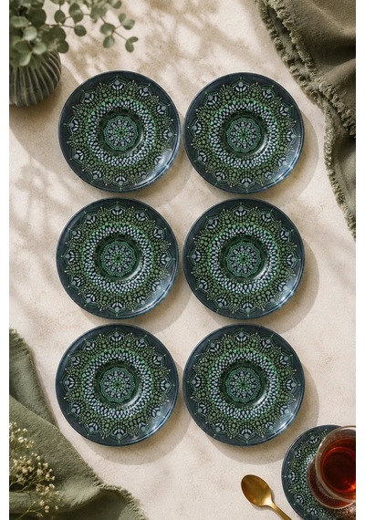 6 Lı Cam Çay Tabağı - Yeşil Mandala Desenli 12 Cm - 6 Adet Çay Tabak