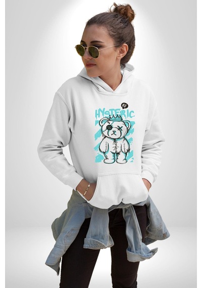 Histerik Kadın Erkek Beyaz Kapüşonlu Sweatshirt Hoodie Beyaz