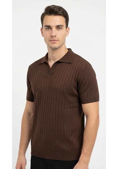Erkek Polo Yaka Slim Fit Triko Tişört Dikey Çizgili Modern Yazlık Triko Kahverengi