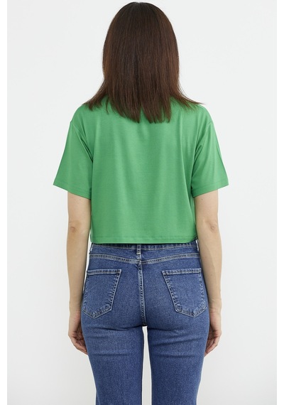 Oversize Baskılı Crop Tişört - Yeşil Çok Renkli