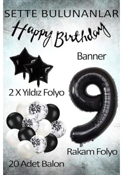 Siyah Konsept 9 Yaş Doğum Günü Kutlama Seti Beyaz Siyah Konfetili Balon, Rakam Yıldız Folyo Ve Banner 2 Yaş Mavi