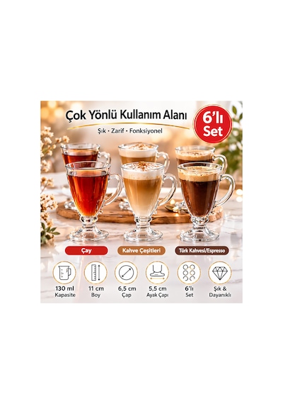 6 Lı Cam Ayaklı Bardak Seti,130 Ml,çay,kahve,türk Kahvesi,espresso Bardağı,cam Kupa Seti Şeffaf