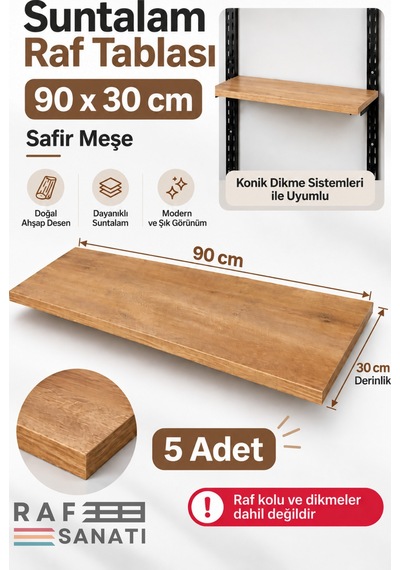 5 Li Set - 90x30 Cm Suntalam Mağaza Rafı Safir Meşe Geniş Ahşap Raf Tablası Konik Dikme Uyumlu