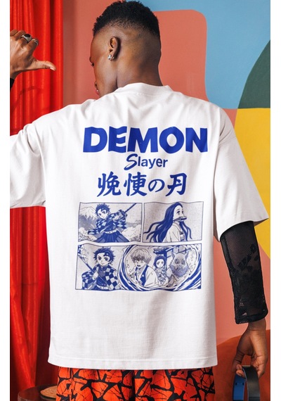 Sevbano Demon Slayer Kimetsu No Yaiba Anime Sırt Baskılı Unisex Oversize Beyaz