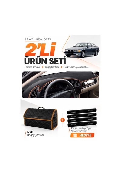 Bmw E36 1990-2000 Uyumlu Torpido Örtüsü + Deri Bagaj Çantası + Sticker Seti - Siyah Kahverengi