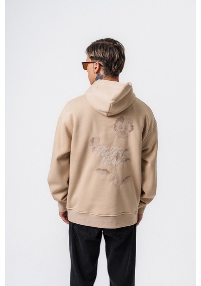 Respire Erkek Far From Basic Nakışlı Kapüşonlu Oversize Hoodie Bej