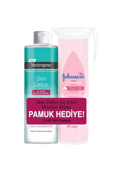 Neutrogena Skin Detox Üç Etkili Micellar Makyaj Temizleme Suyu 400 ML + Johnson's Baby Temizleme Pamuğu 80 Adet