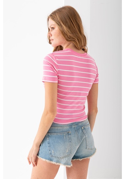 Giysa Kadın Bisiklet Yaka Çizgili Pamuklu Crop T-shirt Pembe Beyaz - 25512 Pembe - Beyaz