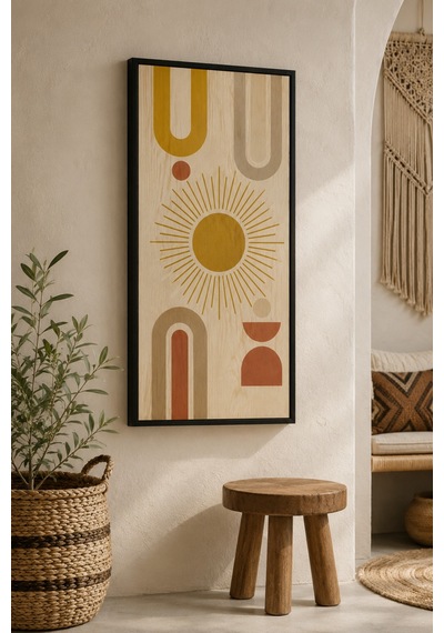 Boho Güneş Ve Geometrik Şekiller Ahşap Tablo Uv Baskı Siyah Çerçeveli 25x60 Cm Dikey Modern Bohem Dekorasyon