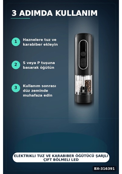 Elektrikli Tuz Ve Karabiber Öğütücü Şarjlı Çift Bölmeli Led Işıklı Mutfak Değirmeni Bx-316391 Çok Renkli