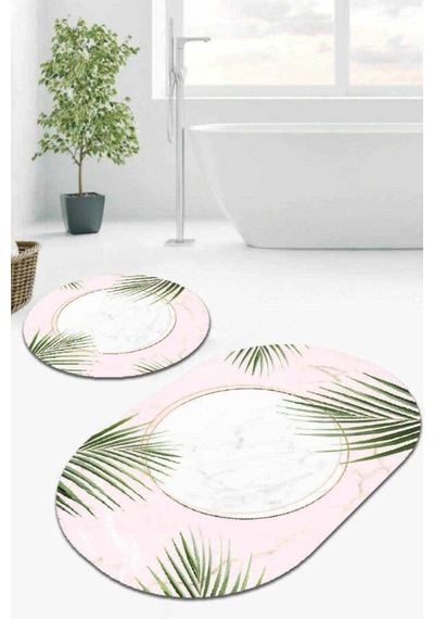 Pudra Yapraklı Banyo Halısı Klozet Oval Paspas Seti Bs093n11