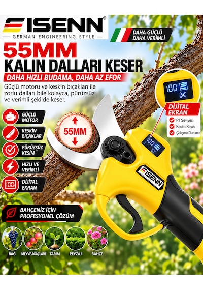 Eisenn Spark Seri 55 Mm Dijital Makas + 22 Cm Otomatik Yağlamalı Dijital Testere +2.2 Mt Teleskop Süper Bahçe Seti