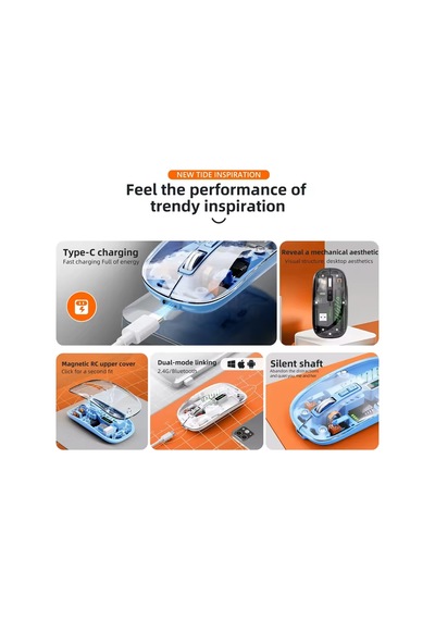 Şeffaf Mouse Kablosuz Mouse Fare Şarjlı Bluetooth Wireless Çift Modlu Sessiz 5 Tuşlu Dpı Kontrol Rb