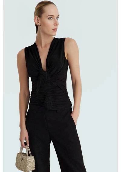 Frm Polyester Elastan Sandy Örme Büstiyer V Yaka Fitted Yazlık Kalite siyah