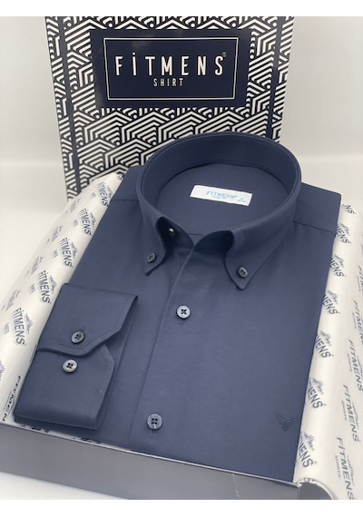 Slim Fit Uzun Kol Pamuklu Hediye Kutulu Kolay Ütülenebilir Erkek Gömlek Fs-002225 - Lacivert-1779