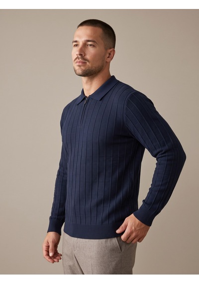 Maccali Erkek Lacivert Fitil Detaylı Fermuarlı Polo Yaka Triko Sweatshirt