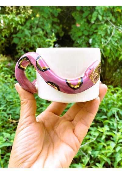 24 Ayar Altın Işlemeli, Yılan Kabartmalı, El Yapımı, Hediyelik Mug 220 Ml, Snake Mug Beyaz - Çok Renkli