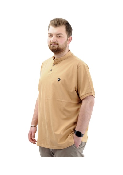 Mode Xl Büyük Beden Erkek Tişört Düğmeli Hakim Yaka T-shirt U24339 Bej Bej