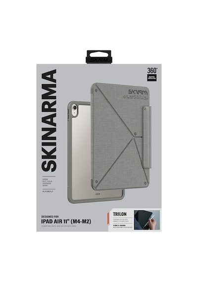 İpad Air 11 2026 M4 Uyumlu Kılıf Skinarma Kalemlikli Dokulu Standlı Magnetik Trilon Kılıf Gri Kapaklı Kılıf