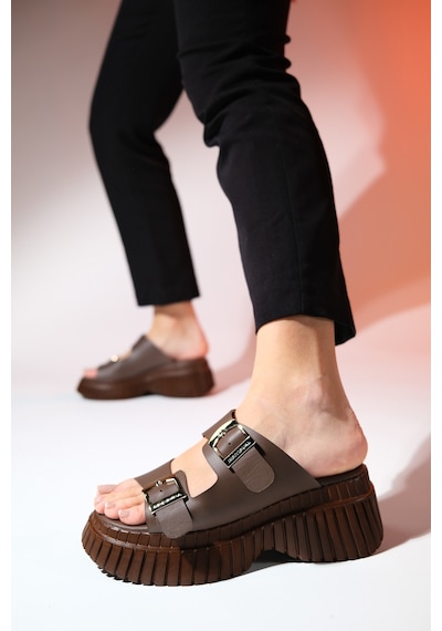 Luvishoes Joanes Kahve Cilt Hakiki Deri Çift Bantlı Kadın Dolgu Taban Terlik Kahverengi