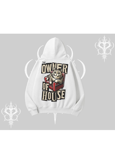 Startmore The Owner Of House Kedi Arka Baskılı Kapşonlu Sweatshirt Beyaz