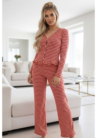Siyah İnci Bürümcük-krınkıl Uzun Kollu Düğmeli Örme Pijama Takım 7990 Kırmızı