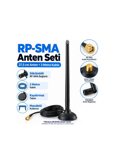Platoon Lj-3m-002 Rp-sma Anten Seti 27,5 Cm Anten 3 Metre Kablo Masaüstü Taban