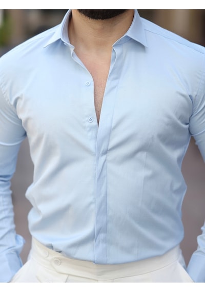 Süper Slim Fit Dar Kalıp Gizli Düğmeli Pamuk Saten Gömlek Açik Mavi