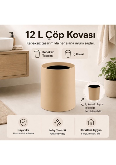 12 Litre Ofis Tipi Çöp Kovası, Kapaksız Silindir Çöp Kutusu, İç Kovalı Kolay Temizlenebilir Banyo Mutfak Ofis Çöp Kovası Latte