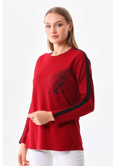 Sistas Kadın Desenli Bisiklet Yaka Uzun Kol Bluz 22689 Bordo
