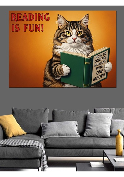 Şapkalı Kitap Okuyan Kedi Dekoratif Kanvas - Mdf Ahşap Tablo