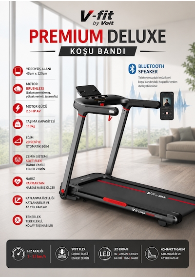 Vfit By Premium Delux Koşu Bandı, 20 Kademe Eğim, Brushless, Katlanabilir, 15 Km/s, Bluetooth