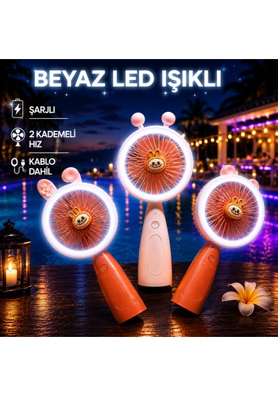Vıp Yüksek Kalite 3 Adet Mini El Fanı Şarjlı El Fanı Beyaz Led Işıklı 2 Kademe Hız Tatilde Plajda