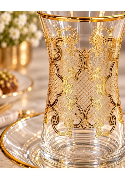 6 Kişilik 12 Parça Premium Erva Gold Çay Takımı-7956 Şeffaf