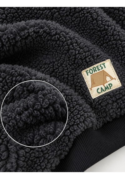 Luess Erkek Çocuk Kapüşonlu Fermuarlı Peluş Peluş Mont Ayıcık Nakışlı - Füme Antrasit