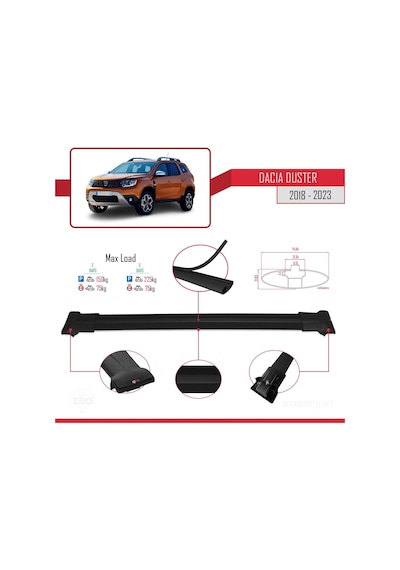 Dacia Duster 2018-2023 Arası İle Uyumlu Fly Model Ara Atkı Tavan Barı Siyah