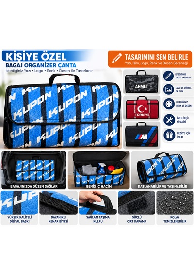 Kişiye Özel Baskılı Bagaj Organizer Çanta İsim, Logo Ve Desen Baskılı, Katlanabilir, Cırtlı Oto Bagaj Düzenleyici 45x25x15