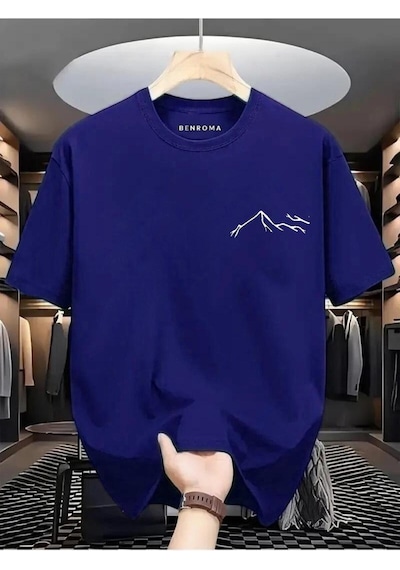 Beyaz Dağ Baskılı Oversize Tişört Saks Mavisi