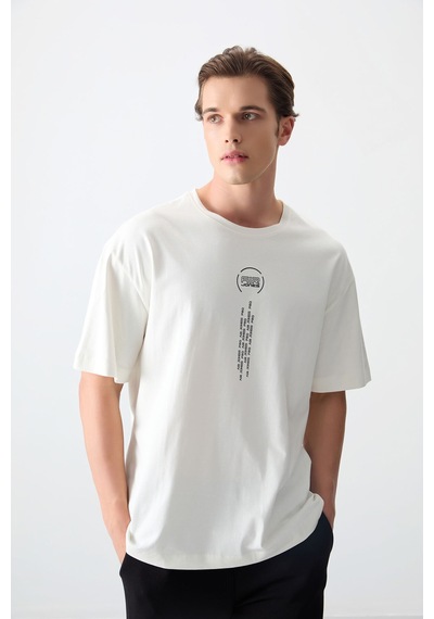 Air Jones Tommy Life Ekru %100 Pamuk Kalın Yumuşak Dokulu Oversize Fit Baskılı Erkek T-shirt - 88355 Ekru