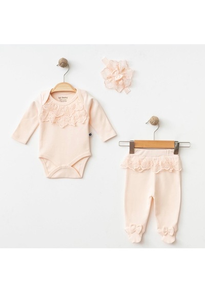 Işıl Baby Dantel Detaylı Kız Bebek Body & Patikli Alt Takım Pudra
