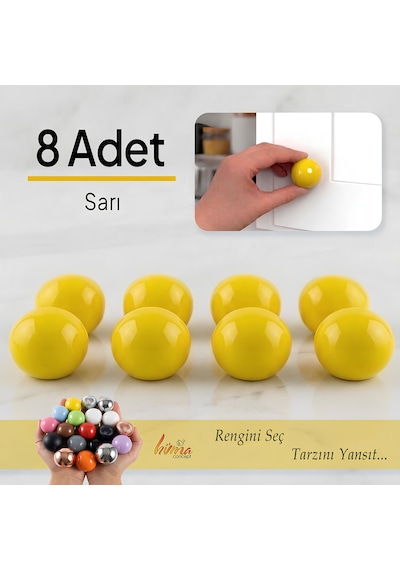 8 Adet Sert Plastik Düğme Yuvarlak Top Sarı Dolap Mobilya Mutfak Dolabı Çekmece Kulbu Kulpu Kulplar
