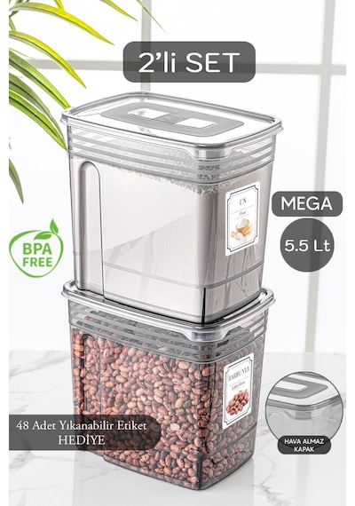 Meleni Home Lena Etiketli Jumbo Boy Un Bakliyat Saklama Kabı 2'Li 5.5 L Çok Renkli