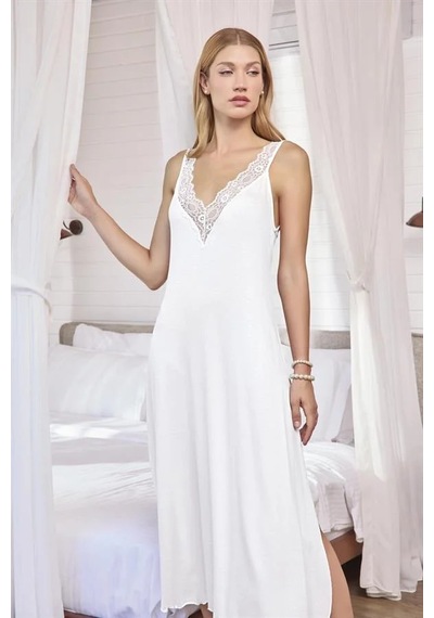 Ang Butik Kadın Göğüs Ve Sırt Dekolteli Dantelli Ve Yırtmaçlı Gecelik BEYAZ